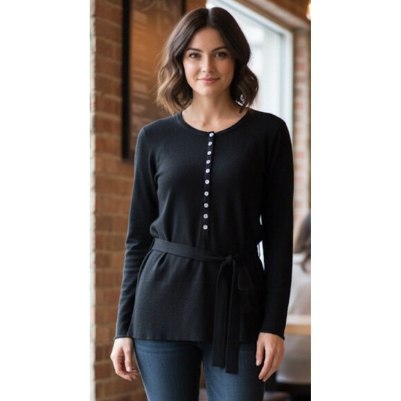 FRENCH CONNECTION Black Light Wool Button Front Tie Belt Knit Sweater Top Small - Picture 1 of 5